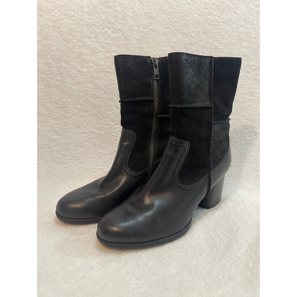 Born Black Leather Suede Mixed Media Block Heel Ankle Boots D71803 Size 8.5 M